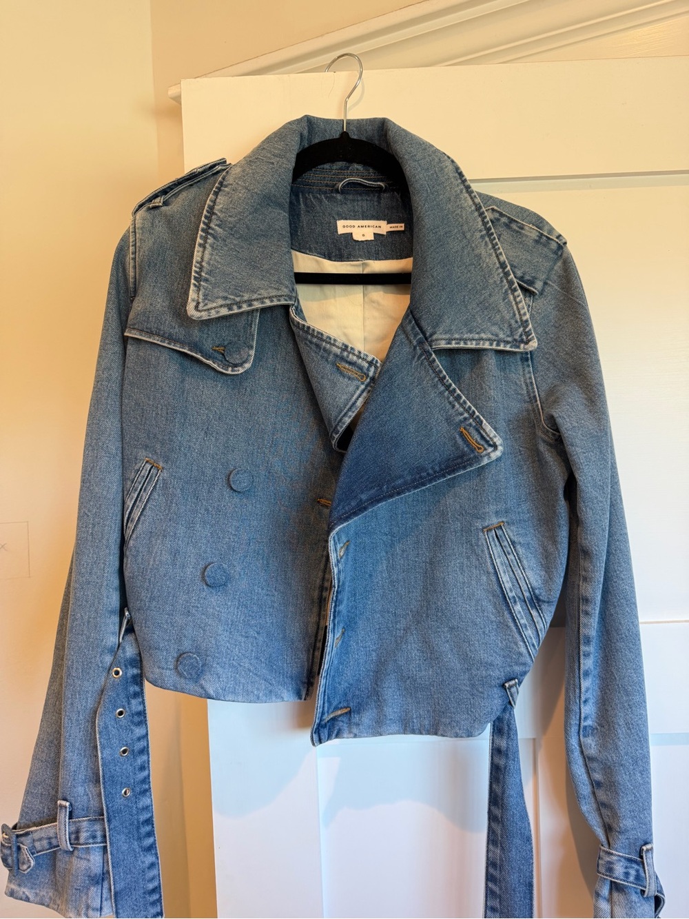 Good American Light Blue Denim Cropped Moto Jacket